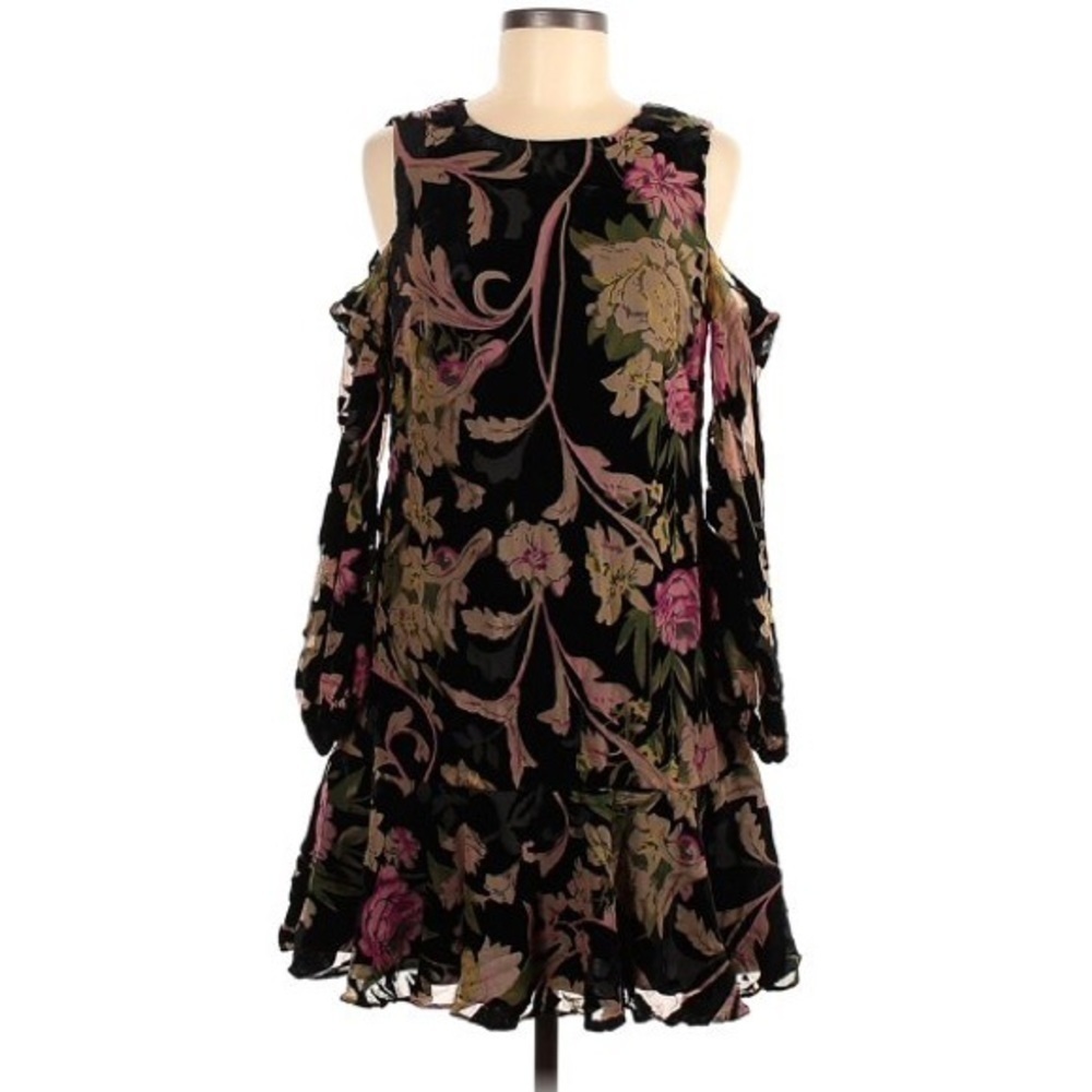 Eliza J Black Velvet Floral Burnout Mini Shift Dress Formal Cocktail Ruffle Hem - Picture 6 of 16